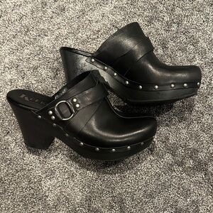 Kork-Ease Black Leather Clogs with Studs